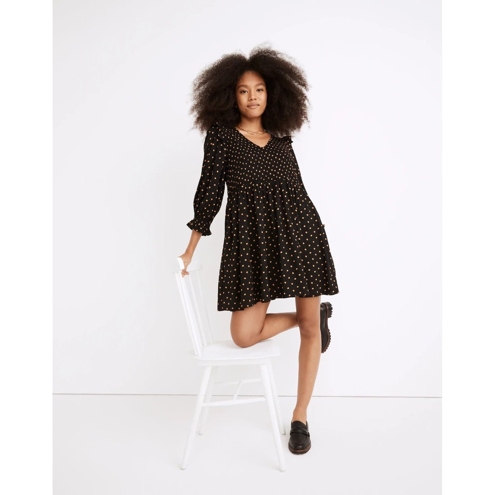 Madewell Lucie V-Neck Smocked Mini Dress Oval Dot Black Tan ND043 Size Medium - Picture 16 of 16